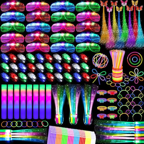 298PCS Glow in the Dark Party Supplies, 12PCS Glow Fiber Optic Wands, 20PCS LED Glasses, 8PCS Foam Glow Sticks and 200PCS Glow Sticks Bracelets, Light Up Party Favors for Wedding, Concert, Birthday in Saudi Arabia