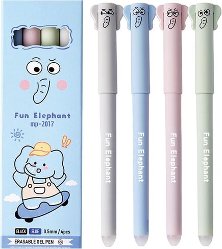 4 Pcs Erasable Pens Cute Elephant Erasable Pens Cartoon Erasable Gel Ink Pens 0.5mm Smooth Blue Ink Writing Pens Office School Pens Women Girls Boys Pens (Elephant-Blue Ink) in Kuwait