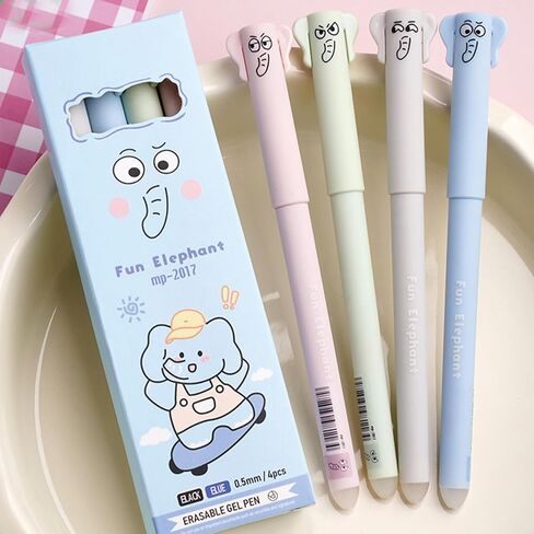 4 Pcs Erasable Pens Cute Elephant Erasable Pens Cartoon Erasable Gel Ink Pens 0.5mm Smooth Blue Ink Writing Pens Office School Pens Women Girls Boys Pens (Elephant-Blue Ink) in Kuwait