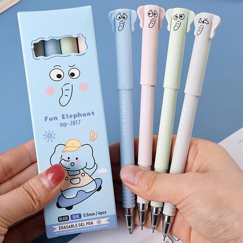 4 Pcs Erasable Pens Cute Elephant Erasable Pens Cartoon Erasable Gel Ink Pens 0.5mm Smooth Blue Ink Writing Pens Office School Pens Women Girls Boys Pens (Elephant-Blue Ink) in Kuwait