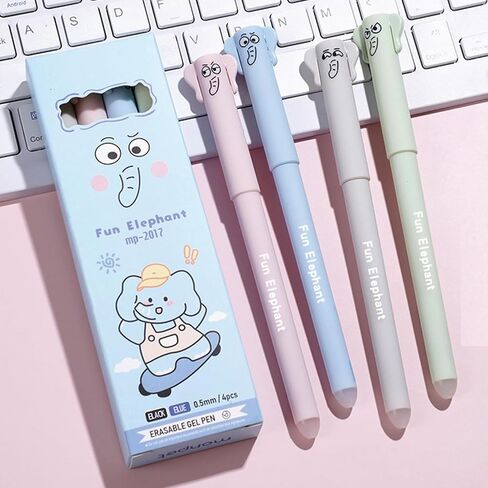 4 Pcs Erasable Pens Cute Elephant Erasable Pens Cartoon Erasable Gel Ink Pens 0.5mm Smooth Blue Ink Writing Pens Office School Pens Women Girls Boys Pens (Elephant-Blue Ink) in Kuwait