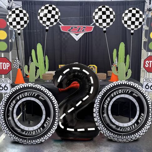 Race Car Balloons Race Car Birthday Party Supplies Tire Wheel Balloons Birthday Party Supplies Foil Number 2 Two Fast Checkered Tire Balloon Arch Garland Kit Cars Wheels Party Favors Decorations in Kuwait