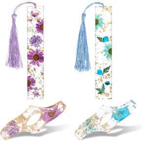 4 Pieces Dried Flower Resin Bookmarks,Transparent Thumb Book Page Holder and Book Mark Set Handmade Bookmarkers with Tassel Cute Book Accessories Gift for Reading Lover Students Teachers