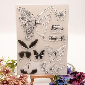 Butterfly Flowers Butterflies Pattern Clear Stamps Silicone Stamp Sentiment,Floral Greetings Words Transparent Seal Stamps for Holiday Card Making Decoration DIY Scrapbooking Album DIY Crafts