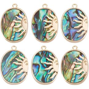 Beebeecraft 1 Box 6Pcs Abalone Shell Charms Oval Paua Shell Charms with 18K Gold Plated Sun Colorful Charm Pendants for Earring Necklace DIY Jewelry Making