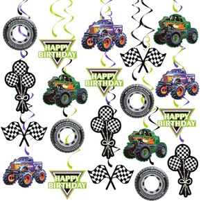 20Pcs Monster Truck Hanging Swirls Set, Wheel Tire Birthday Hanging Streamers Whirl, Green and Purple Racing Car Ceiling Hanging Decor for Monster Jam Theme Birthday, Monster Truck Theme Party