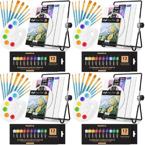 Nicpro Acrylic Paint Canvas Set for Adults & Kids, 80PCS Art Painting Supplies Kit with 2*12 Colors Paint, 6 Canvas, 2 Table Easel, 2*10 Brushes, 2 Paper Pad, 2 Palette for Artist Beginner Students
