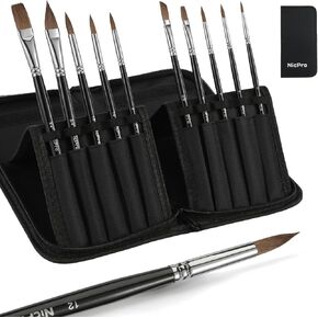 Nicpro 10PCS Sable Professional Watercolor Paint Brushes, Kolinsky Sable Paint Brush Set with Flat, Round Pointed, Cat's Tongue Oval Wash Variety Shapes for Watercolor Gouache Painting -with Nylon Bag