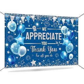 Mocsicka Thank You Banner Blue and Silver We Appreciate You Backdrop Employee Teacher Doctor Nurse Staff Appreciation Party Decorations 70.8 x 43.3 Inch