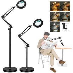 10X Magnifying Floor Lamp with Light and Stand, 3-in-1 Adjustable Swivel Arm LED Magnifier, Black