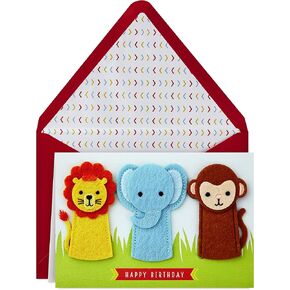 Hallmark Signature Birthday Card with Removable Finger Puppets for Kids (Jungle Animals)
