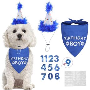 BINGPET Dog Birthday Party Supplies,Dog Birthday Hat Bandana Set,Soft Birthday Boy Triangle Scarf and Number Hat, Cute Birthday Party Supplies with 0-8 Figures for Small Medium Large Dogs Pets
