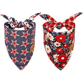 CROWNED BEAUTY 4th of July Patriotic Dog Bandanas Reversible Large 2 Pack, Floral Star Set, Plaid Adjustable Triangle Holiday Scarves for Medium Large Extra Large Dogs Boy Girl Pets DB117-L