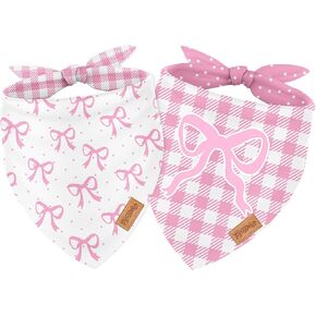 2Pcs Pink Bow Dog Bandana Cute Bowknot Triangle Pet Scarf Dot Gingham Reversible Adjustable Pet Neckerchief Dog Bib for Medium Large Dog Cat Costume Accessories