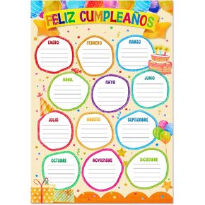FaCraft Spanish Birthday Chart - Happy Birthday Poster, Reusable Classroom Chart, Laminated, Bulletin Board Decorations, Back to School Supplies