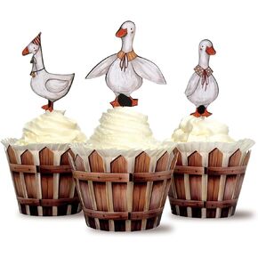 Goose Cupcake Toppers+Wood Grain Fence Cupcake Wrappers,Goose Party Decorations,One Silly Goose,24 Count