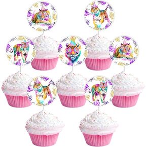 24Pcs Tiger Cupcake Toppers Rainbow Tiger Party Decorations Neon Tiger Cupcake Picks Wild Animal Cake Decorations for Jungle Safari Theme Birthday Party Baby Shower Supplies