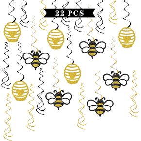 Maicaiffe Honey Bumble Bee Hanging Swirl Decorations - Glitter 22 Pcs Bee Baby Shower Party Supplies - Baby Birthday - Engagement - Wedding Streamers - Bee Theme Party Foil Swirls Ceiling Decorations
