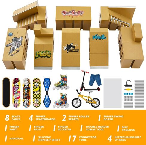 Finger Skateboard Ramp 20 PCS Set - Fingerboard Skate Park Kit, Mini Finger Toy Set with Fingerboards Bike Scooters Mini Short Finger Skateboard Ramp Decks for Kids Birthday Gift in Saudi Arabia