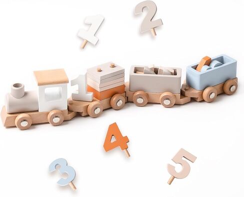 Wooden Train Set for Toddler Toys 14pcs Montessori Train Toy Set for Baby 3-5 Years Wooden Train Cars with 1 2 3 4 5 Numbers & Blocks Birthday Gift for Boys Girls in Saudi Arabia