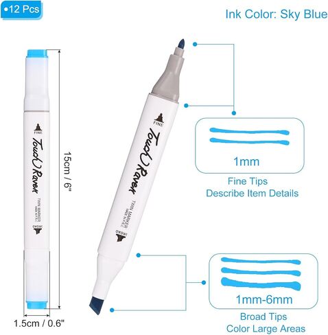 PATIKIL Dual Tip Alcohol Art Markers, 12 Pcs White Barrel Alcohol Markers with Brush Tip and Fine Tip for Illustration Artist Adult Coloring Drawing Permanent Sketching, Sky Blue in Saudi Arabia