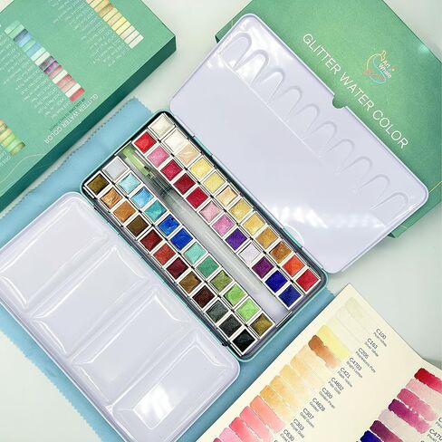 Metallic Watercolor 48 Colors|Tin Box & Waterbrush |Intense Pigments, Smooth Blend in Kuwait