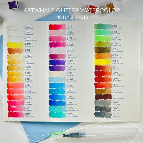 Metallic Watercolor 48 Colors|Tin Box & Waterbrush |Intense Pigments, Smooth Blend in Kuwait