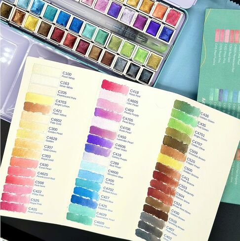 Metallic Watercolor 48 Colors|Tin Box & Waterbrush |Intense Pigments, Smooth Blend in Kuwait