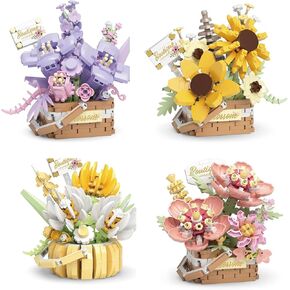 Flower Bouquet Building Decoration Bonsai Flower Basket Miniature Building Blocks Set, Artificial Flowers Building Toys Botanical Collection DIY Unique Decoration Home (4set)