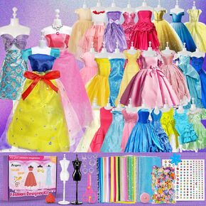 ANPRO 700+ PCS مجموعة أزياء أزياء للأزياء للفتيات مع 4 عارضات ، مجموعة من الفنون والحرف اليدوية DIY للعمر 6-12 ألعاب ، ملابس دمية صنع خياطة -عيد ميلاد مثالي في سن المراهقة لعمر 6+ -