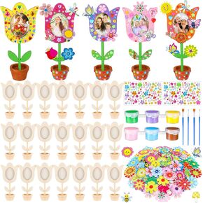 24 Sets Spring Crafts Bulk Wood Flower DIY Picture Frame Kit Wooden Frames for Crafts with Gems Stickers Spring Sticker Paint and Brushes for Home Activities Party Favors(Tulip)