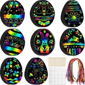 Motionchic 120 Pieces Easter Egg Scratch Cards Rainbow Easter Scratch Paper Crafts for Kids DIY Easter Ornaments with Wooden Stick and Ribbon for Classroom Easter Art Projects Basket Party Favors