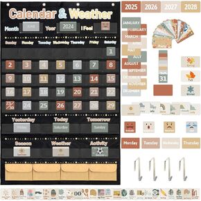 Boho Calendar and Weather Pocket Chart for Kids with 148 Cards Classroom Calendar Pocket Chart School Homeschool Calendar Classroom Supplies Large 44.5" x 28.3"