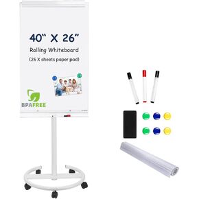 TSJ Office Mobile Mobile Dayboard - 40 × 26 بوصة محو جاف للموحة البيضاء ترايبود أبيض مع دفاع الحامل فليبكارت ارتفاع EASEL قابلة للتعديل