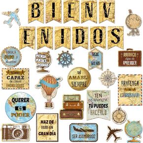 32 Pcs Spanish Classroom Decorations Map Travel Bienvenidos Spanish Inspirational Motivational Positive Cutouts Spanish Bulletin Board Set for Teachers Students School Decoration Supplies