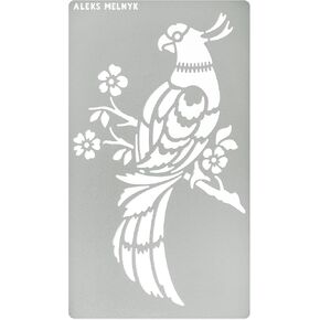 Aleks Melnyk No.471 Metal Stencil, Bird on Tree Branch, Parrot, Branches with Flowers, Wild Animal, Small Stencil, 1 PCS, Template for Wood Burning, Engraving, Crafting, Scrapbook, Art