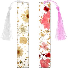 2Pcs Dried Flower Resin Bookmarks with Tassels - Transparent Floral Book Page Holder and Mark Set - Cute Book Accessories Gift for Reading Lover, Women