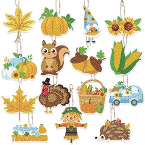 ZCPTZ 15 Pcs Thanksgiving Diamond Painting Keychain Double Sided Fall 5D DIY Diamond Painting Ornaments Pumpkin Turkey Maple Leaves Diamond Art Key Ring for Thanksgiving Gift DIY Crafts Decor