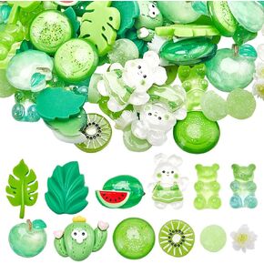 120Pcs 12 Styles Green Resin Charms Assorted Cabochons Bulk Flatback Animal Fruit Plant Flat Round Bear Rabbit Flower Leaf Watermelon Avocado Cabochon for DIY Crafting Jewelry Embellishments