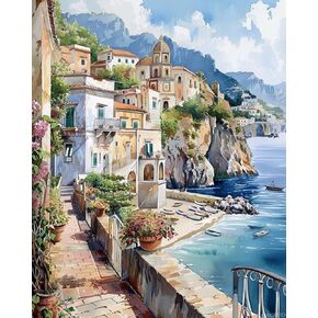 QACEYID Romantic Amalfi Coast Paint by Numbers Kit for Adults, Landscape Paint by Number on Canvas, Scenery Digital Oil Painting Kits Suitable for Home Wall Decoration Gift 16"x20"