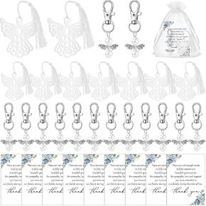 50 Sets Angel Keychain Funeral Favors Set Celebration of Life Funeral Bookmarks Thank You Cards Sympathy Cards and Organza Bags for Memorial Party Supplies
