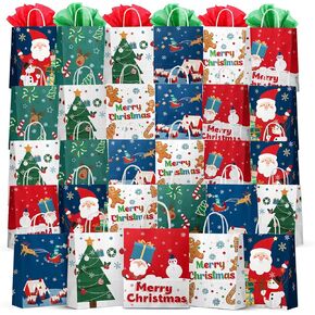 Christmas Gift Bags 30 PCS, 7.5"x9"x3.5" Durable Christmas Bags with Tissue Paper, 6 Styles Gift Bags Bulk with Handles, Reusable Small Gift Bags Xmas Paper Bags, Party Favors Holiday Gift Bags, Brown