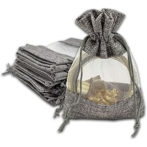 TheDisplayGuys - 12-Pack 5x7 Linen Burlap & Sheer Organza Gift Bag with Drawstring for Party Favors, Presents, Samples & Treats Mesh Pouch (Beige, Medium)