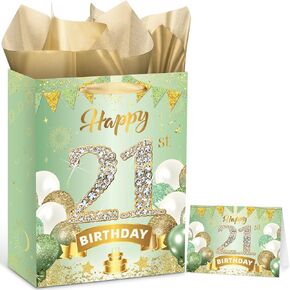 Sweet 16 Gift Bag - Sage Green, Happy 16th Birthday Gift Bag with Greeting Card and Tissue Paper