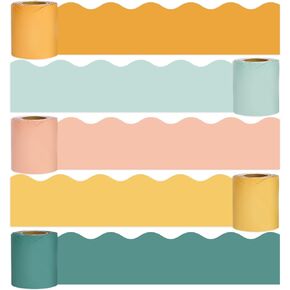 Whaline 164ft Boho Color Bulletin Board Borders 5 Rolls Pastel Die-Cut Bulletin Board Strips Colorful Rolled Bulletin Board Trim for School Classroom Office Chalkboard Decoration Supplies