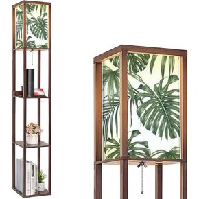 Tropical Leaves Monstera Palm Trees White Seamless Floor Lamp with Shelves USB Ports & Power Outlet Modern Standing Tall Lamp Corner Lamp Nightstand Light for Living Room Bedroom