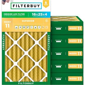 Filterbuy 16x25x4 Air Filter MERV 11 Allergen Defense (6-Pack), Pleated HVAC AC Furnace Air Filters Replacement (Actual Size: 15.38 x 24.38 x 3.63 Inches)
