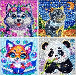 4 Pack Diamond Art Kits, Cartoon Animals DIY Diamond Painting Kits for Adults Beginner, Kids' Mosaic Kits 5D Full Round Drill Gem Art for Home Wall Decor Kids 6X6 inch
