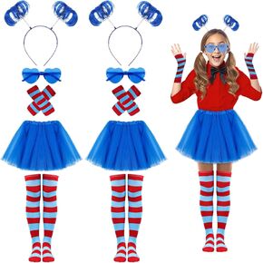 10 Pcs Halloween Tulle Tutu Costume Set Include Striped Socks Stretchy Gloves Cyan Ponytail Headband Heart-Shaped Glasses (Blue)