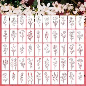 50PCS Wildflower Stencils for Painting, Small Botanical Flower Stencils for Crafts Reusable, Plastic Paint Stencils for Painting on Wood, Art Stencils for DIY Home Decor